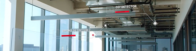 Office space showing the interior infrastructure and building sensor placements.